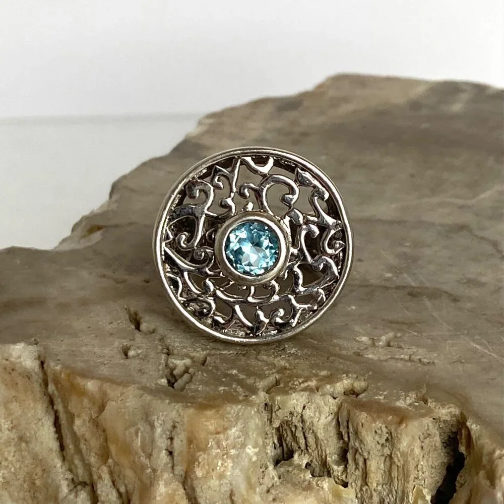 Sterling Silver 925 Round Blue Topaz Scrollwork Wide Band Statement Ring Sz 5.75